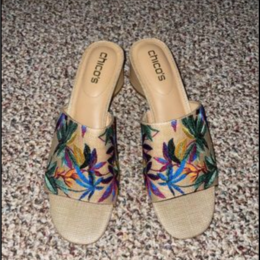 Tan floral block heeled sandals